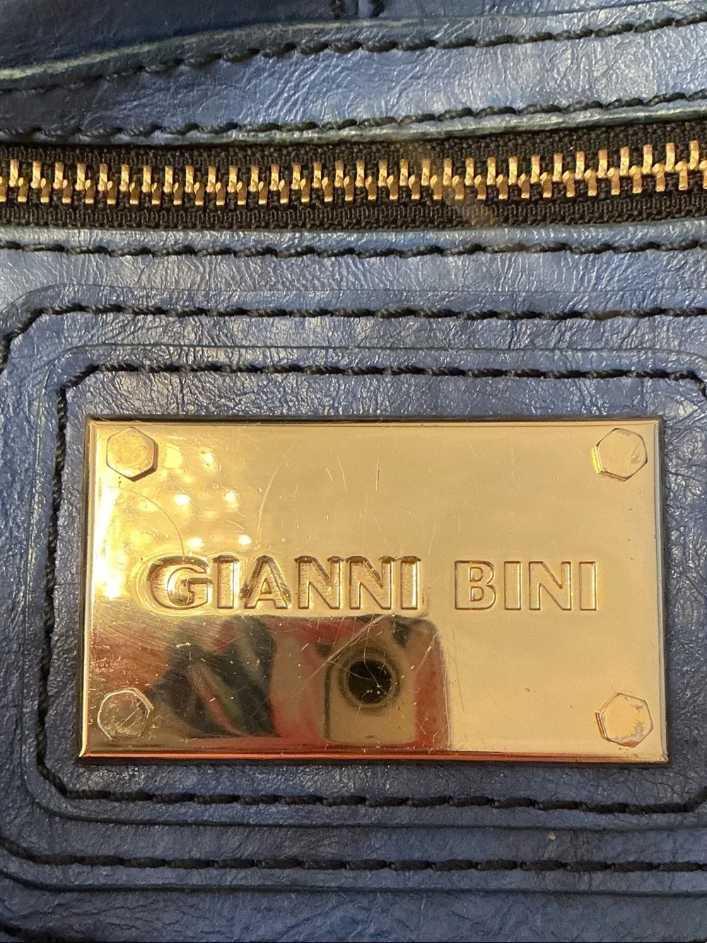Gianni Bini Denim Blue Large Leather Shoulder Hobo Bag Golden Logo Hardware VTG
